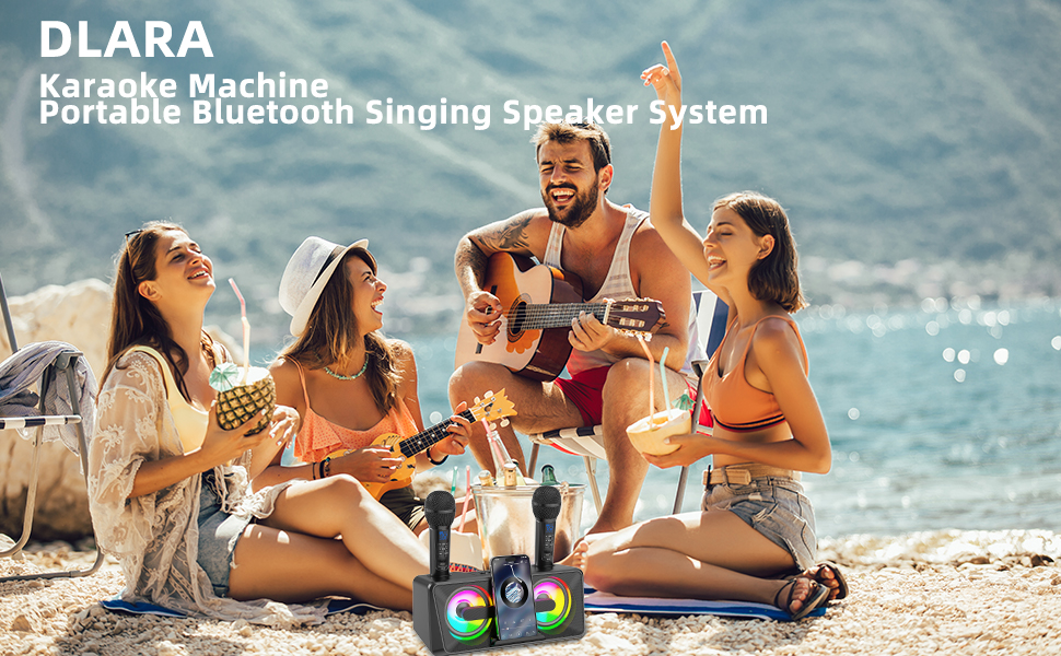 Караоке машина для дорослих та дітей з 2 бездротовими мікрофонами, Bluetooth, світлові ефекти, підставка для телефону, портативна PA система для дому, вечірки, пікніка (чорний)