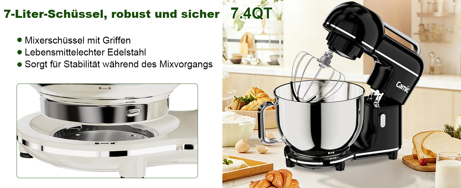 Кухонний комбайн-міксер Camic 2000W, чаша зі сталі 7л, 10 швидкостей, з набором насадок (гак, вінчик) та захистом від бризок, чорний