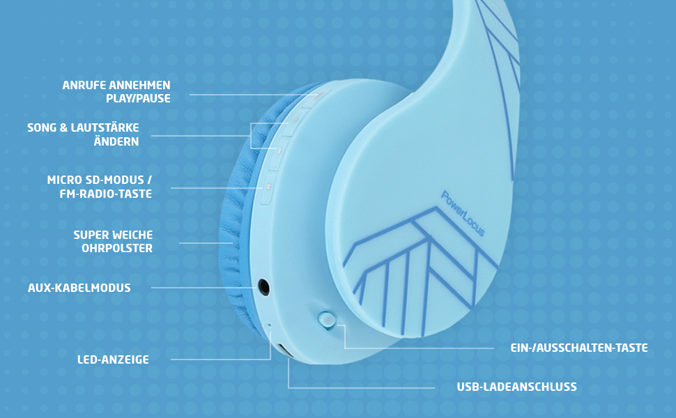 Дитячі навушники PowerLocus Bluetooth з обмежувачем гучності 85dB, складні, з чохлом, Over-Ear, бездротові та з проводами, з мікрофоном, Micro-SD, для телефону, ПК, планшета, блакитні
