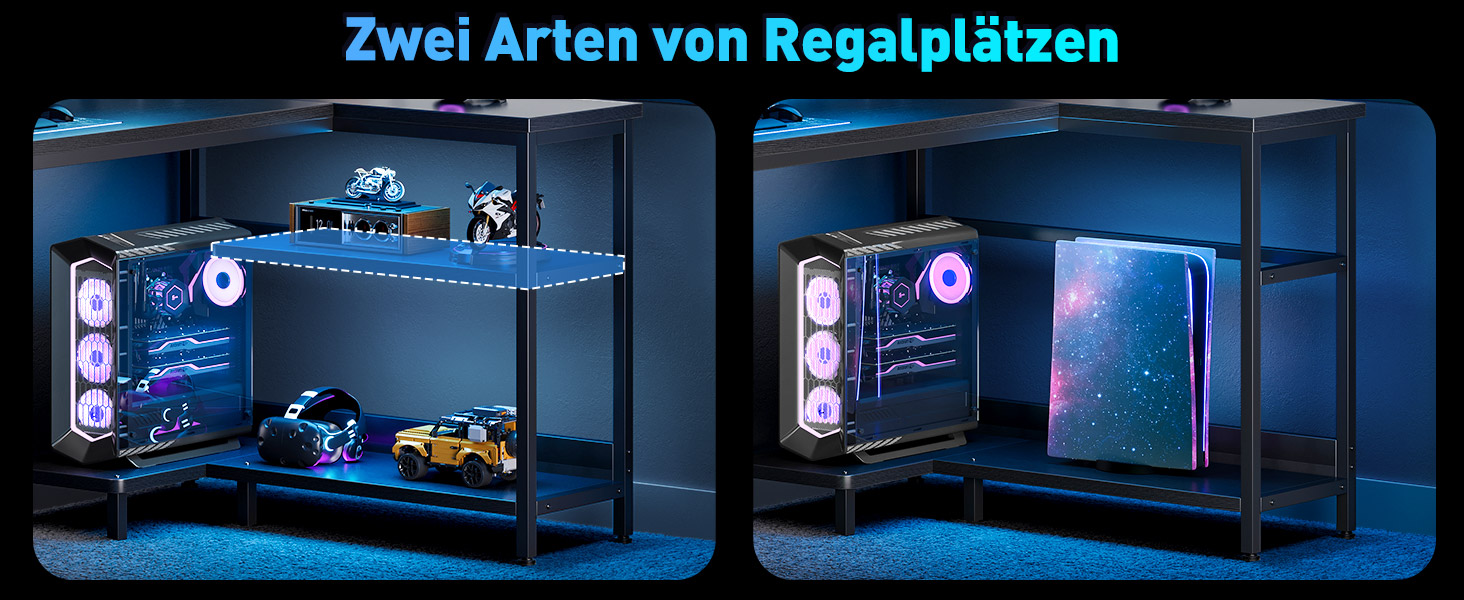 Ігровий стіл L-подібний Coleshome з LED-підсвічуванням та розетками, 120x80 см, з полицею, чорний, для офісу/робочого кабінету