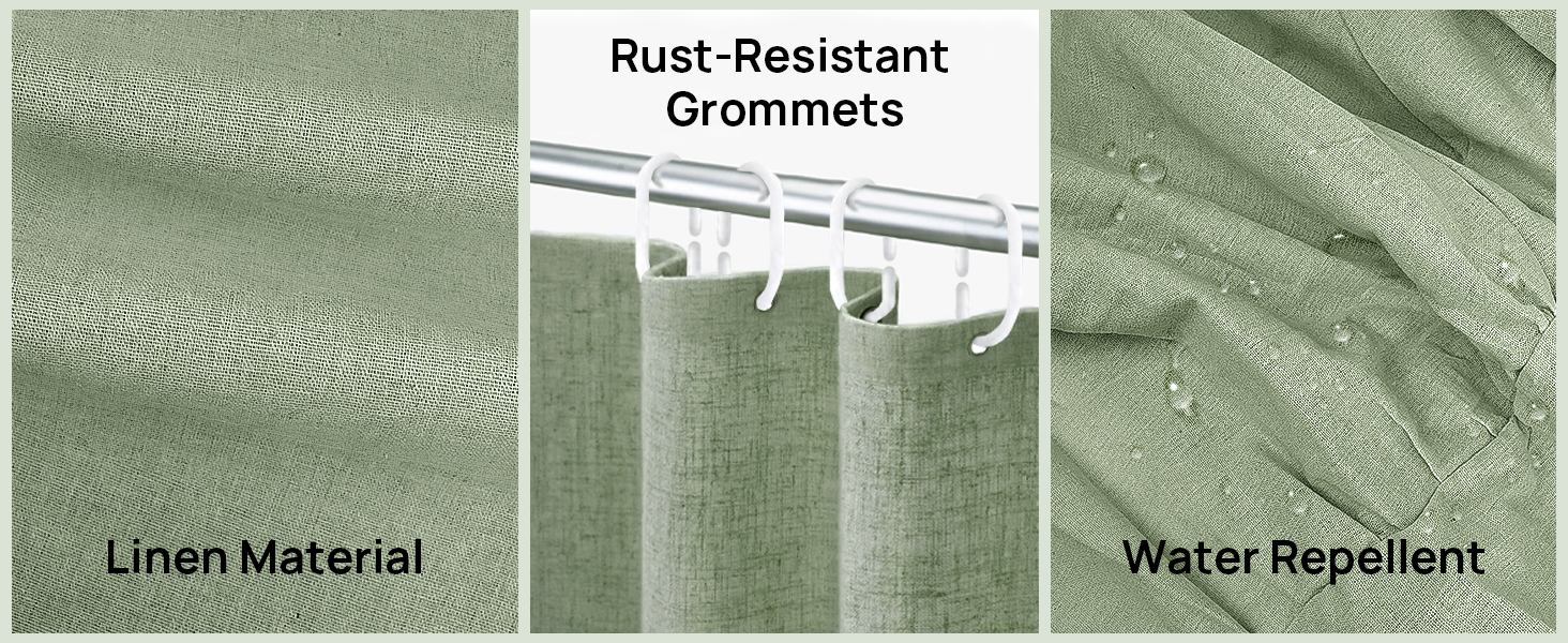 Штора для душу 180x180 см льон, зелена – водонепроникна, з антигрибковим покриттям та утяжеленим краєм, з кільцями (1 шт)