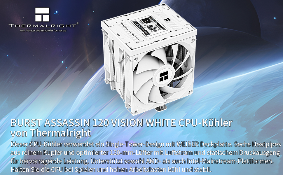 Thermalright Burst Assassin 120 Vision White - кулер для CPU з IPS-дисплеєм, підтримка Intel LGA1851/1700/115X, AM4/AM5