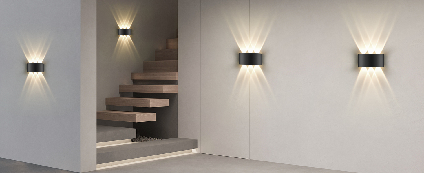 LED-стінні світильники Oraymin 2 шт., IP65, 6W, 6 джерел світла, 3000K, для дому та вулиці, з алюмінію, тепле біле світло, чорний колір