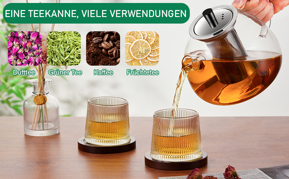 Скляна чайник HEMOLY 1,5 л з ситечком та підставкою для чаю