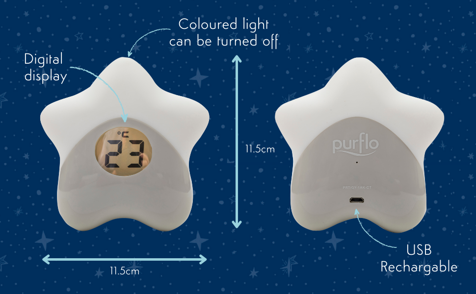 Дитячий термометр Purflo Starlight з підсвіткою, цифровий, для кімнати, USB-заряджання, контроль температури, для дитячої та дитячої кімнати