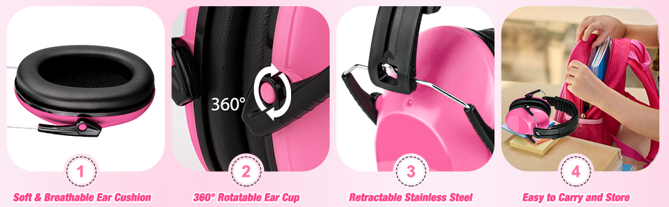 Навушники для захисту від шуму для дітей - комфортні, складні, для школи, аутизму, сну, навчання, ADHD, феєрверків, концертів (1 шт., темно-рожевий)