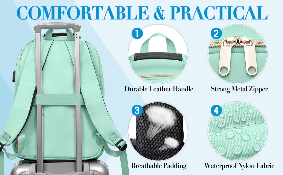 Жіночий рюкзак для школи, університету, подорожей: стильний, водонепроникний, з USB-портом, 15.6 дюймів, світло-зелений