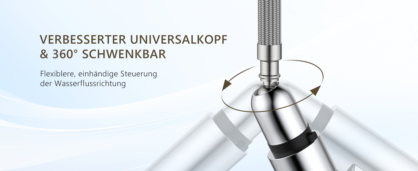 Змішувач кухонний DAYONE з висувною лійкою, нержавіюча сталь, 3 режими, 360° обертання, для кухонної мийки (15 см), матовий (хром, низький вигин-337)