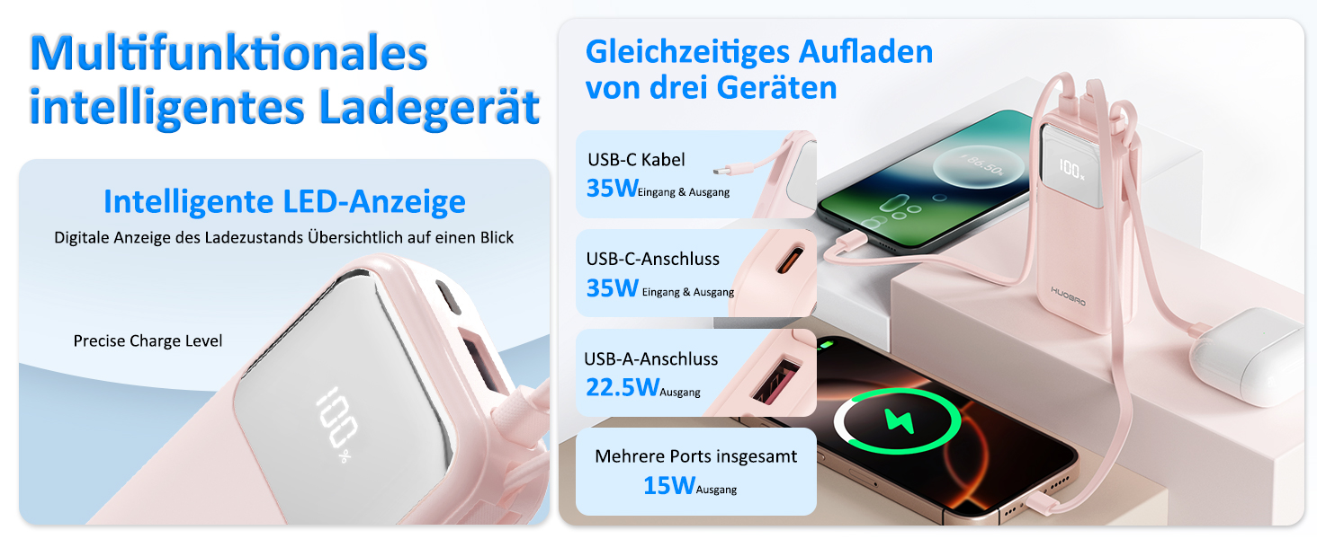 Power Bank 10000mAh з USB-C кабелем, PD 35W, LCD дисплей, для iPhone, Samsung, iPad та інших пристроїв (Блакитний)