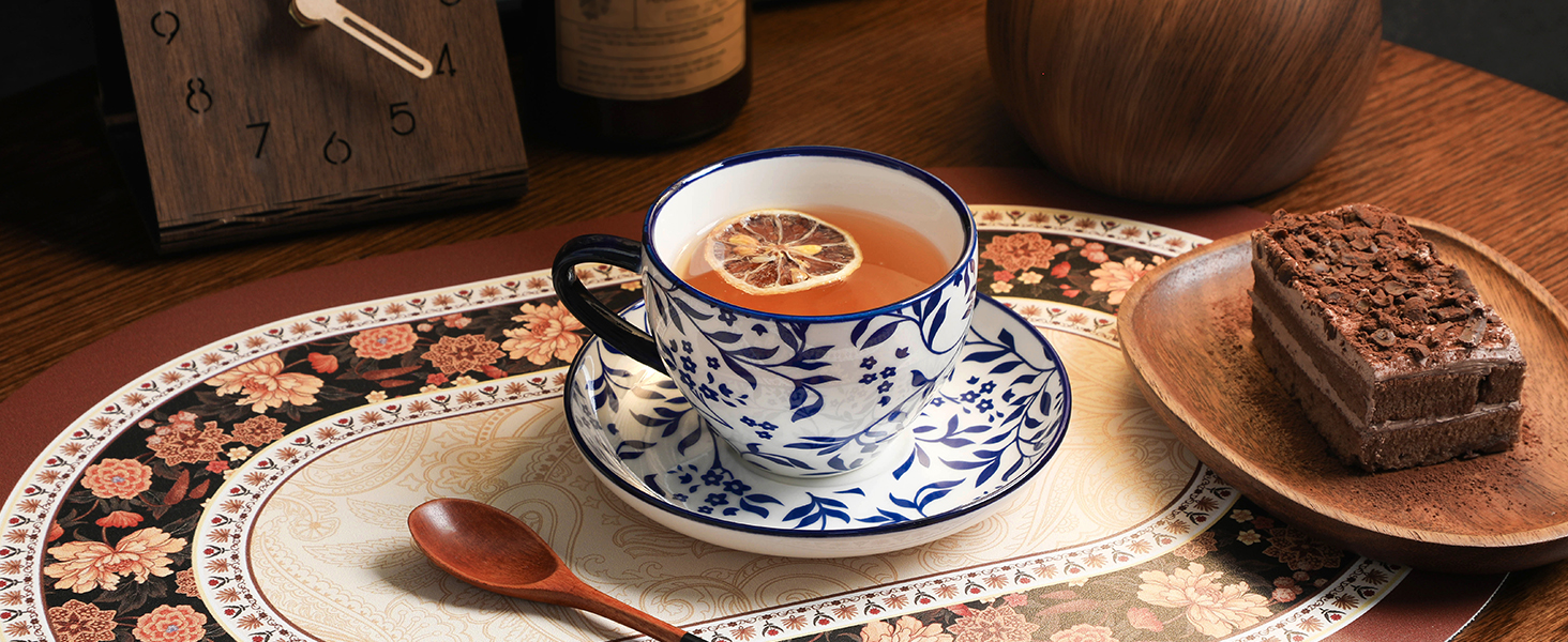 Набір кавових чашок капучіно Vancasso Selene 6 шт., 240 мл, блакитно-білий вінтажний дизайн, високоякісне фарфорове покриття, придатні для миття в посудомийній машині та використання в мікрохвильовій печі