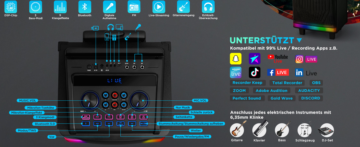 Bluetooth Караоке Машина DSP з 2 Мікрофонами та 2 × 10” Динаміками, Портативна PA-система для Дорослих та Дітей, USB-C Запис, Ефекти DJ, FM, Підтримка TV/Проектора GTSK210-1