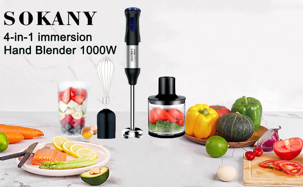 SOKANY Stabmixer 1000W: 4-в-1 блендер для супів, смузі та дитячого харчування. Зеркало, міксер, вінчик, чаша-мірна склянка