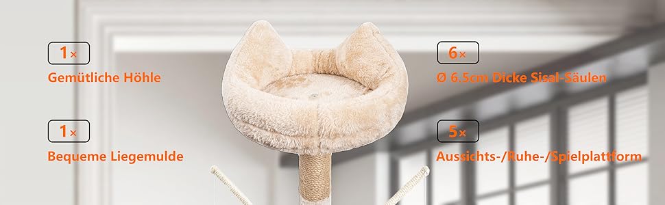 Клітка-кіт для котів Kratzbaum 145 см: Кліматичний комплекс з сизалевих стовпів, печери, платформ та лежанки для кошенят (Бежевий)