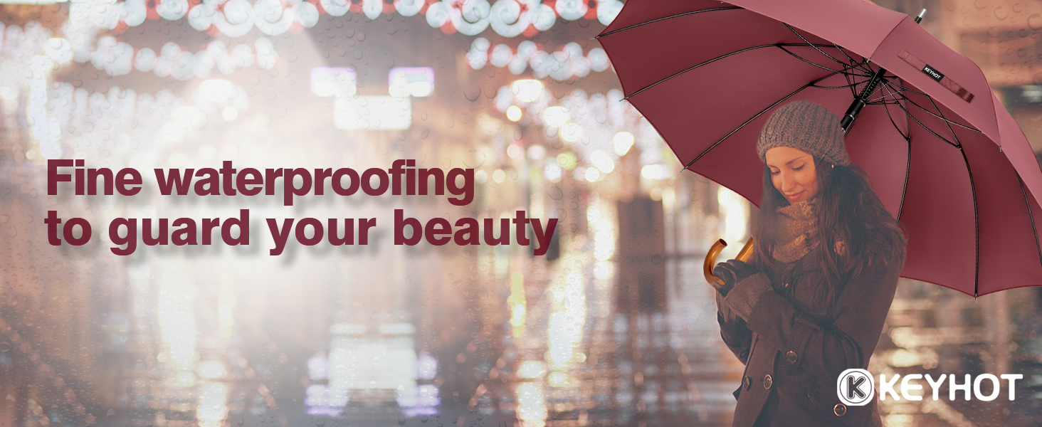 KEYHOT Windproof Umbrella - Large Stick Umbrella with Wooden Handle for Men & Women - 12 Ribs, XL - Burgundy, 118cm