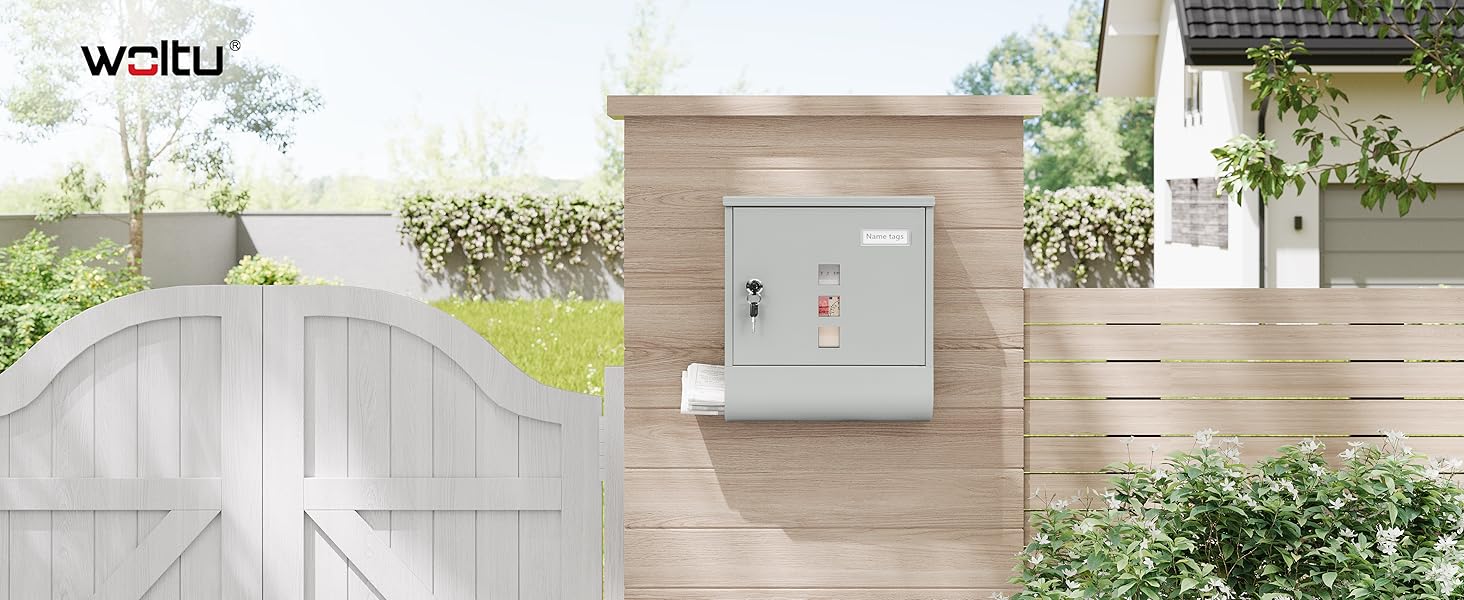 Поштовий ящик WOLTU з газетницею, оглядовим вікном та табличкою для імені, настінний, замикається на ключ (2 ключі), сучасний, сірий (30,5x33,5x9 см)