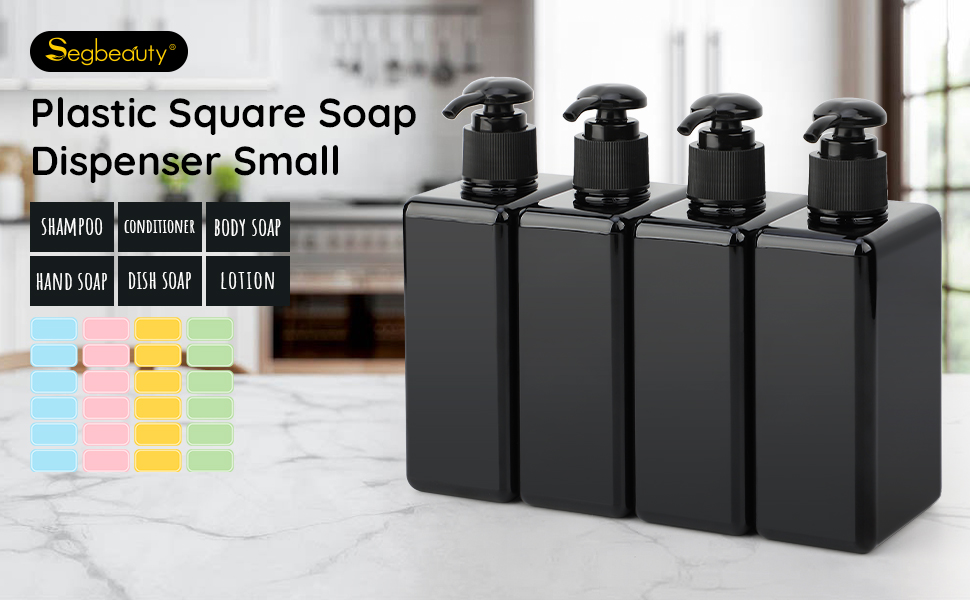 Диспенсер для мила Segbeauty Quadratisch, 4 шт. 280 мл, чорний - набір дозаторів для шампуню, гелю для душу, рідкого мила, багаторазові пластикові помпові пляшки для кухні та ванної з етикетками