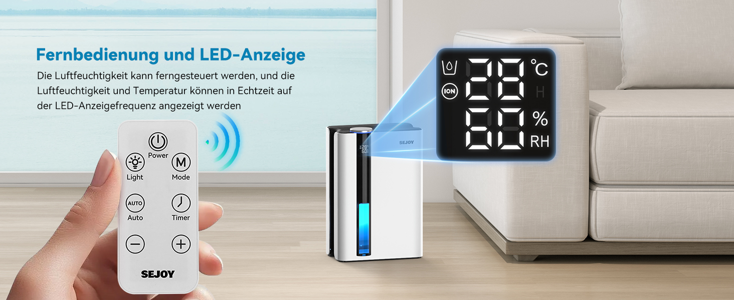 Електричний осушувач повітря Sejoy з пультом дистанційного керування, LED-індикатором вологості, резервуаром 2,5 л, продуктивністю 1000 мл/день, 7-кольоровою підсвіткою, портативний, тихий режим сну 35dB