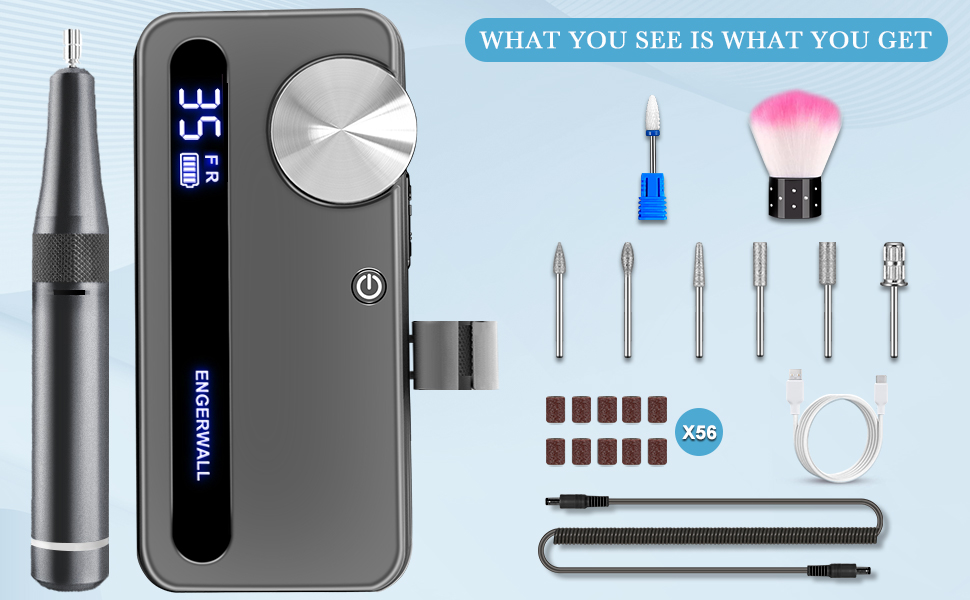 Професійний фрезер для нігтів ENGERWALL 35000 об/хв, акумуляторний, для гелю та акрилу, електричний, манікюрний набір з 7 насадок та 56 шліфувальних стрічок, темно-срібний, портативний