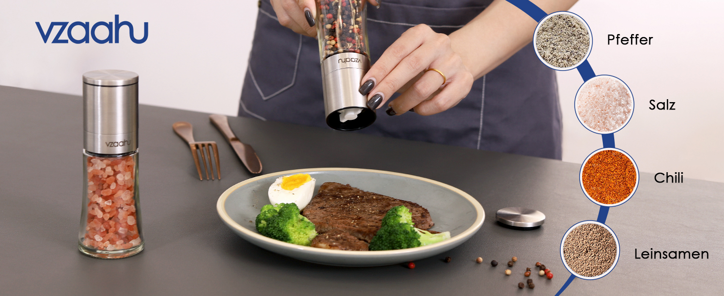 Набір з 2 мельниць для солі та перцю Vzaahu з керамічним механізмом, регулювання помелу, сірі та блакитні, портативні, багаторазові