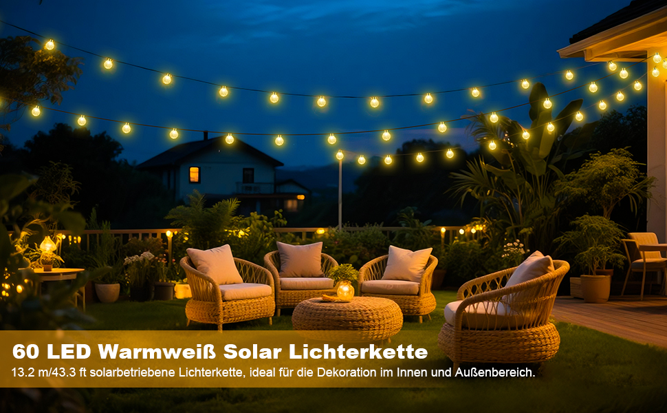 Сонячна гірлянда для вулиці, 60 LED, 13.2м, 8 режимів, IP65, тепле світло. Декорація для балкона, тераси, саду, ялинки.