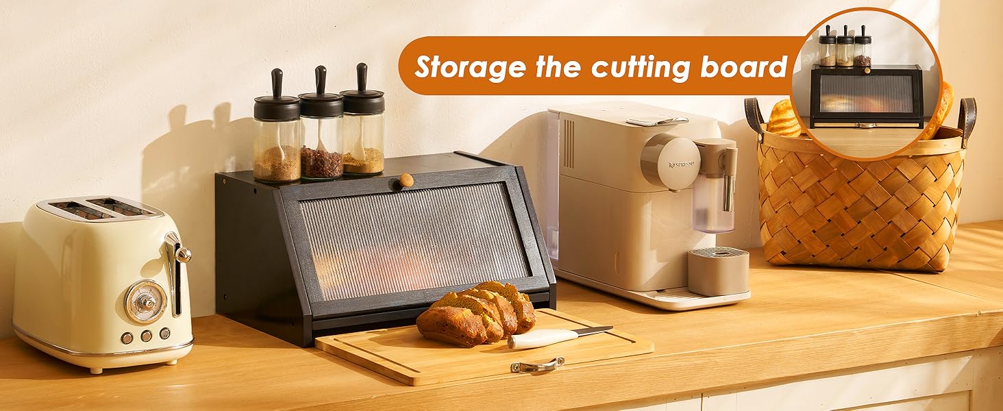 YOUDENOVA Хлібниця з дощечкою для нарізання, дерев'яна хлібниця, коробка для зберігання, бамбукова скринька для хліба, солі та перечниці, 39x25x20 (ДxШxВ) см, Чорний