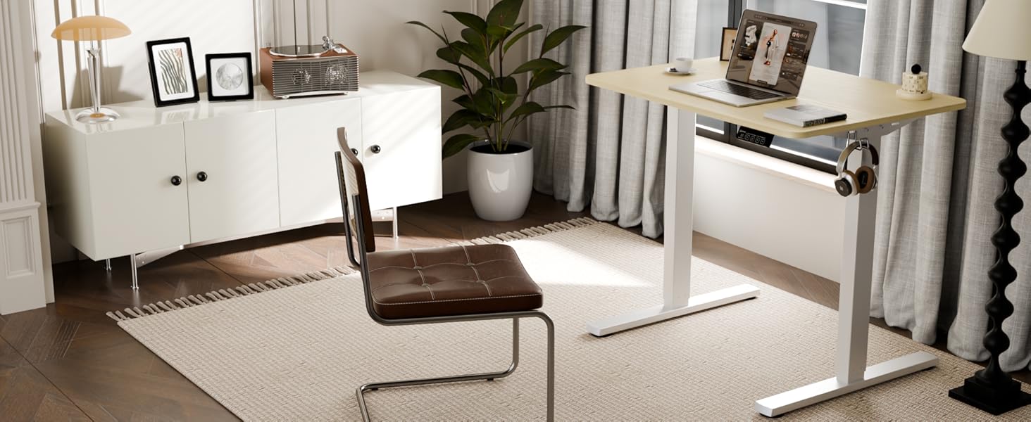 Ergonomaker Electric Standing Desk 80x60cm - Compact Adjustable Height Desk with 2-Section Tabletop, Home Office Desk (White Frame + Oak Tabletop)