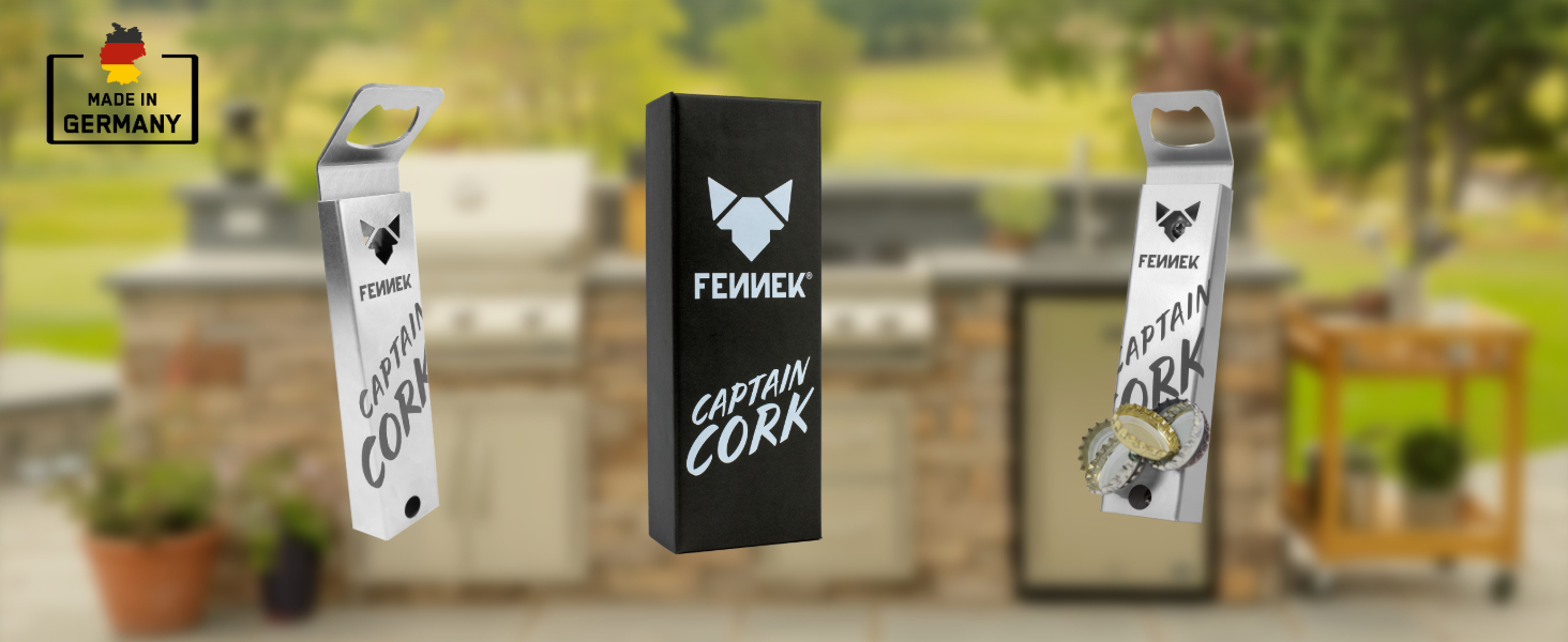 FENNEK Captain Cork | Bottle Opener | Integrated, super-strong magnet for up to 40 bottle caps | Easy mounting with adhesive tape or screws | made of stainless steel | Made in Germany