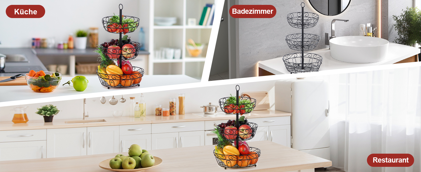 Металева етажерка для фруктів Stöckig 3 яруси - кошик для зберігання фруктів, чорний, для кухні, вітальні, офісу