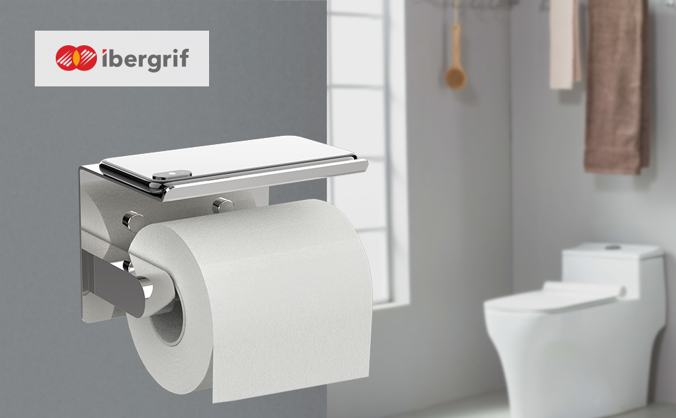 Тримач туалетного паперу Ibergrif з 2 способами монтажу, без свердління, з полицею, нержавіюча сталь, сріблястий