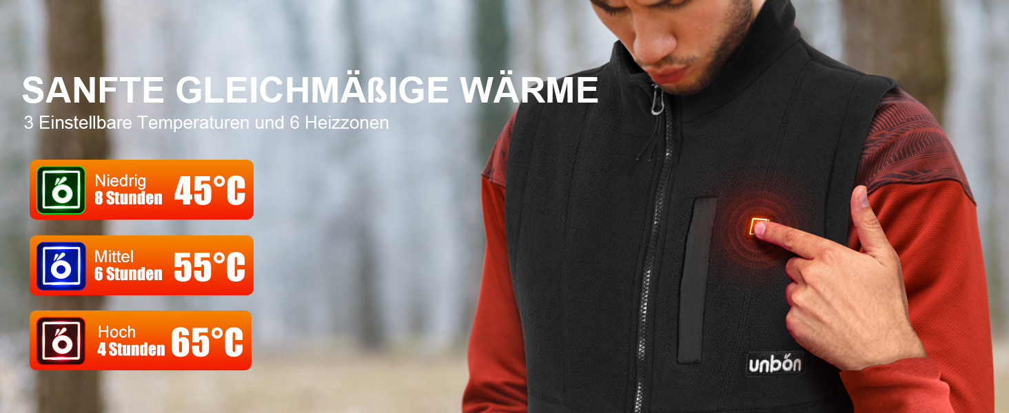 UNBON Грівальна жилетка для чоловіків, флісова жилетка з підігрівом, Powerbank 10000mAh, USB, 3 режими нагріву, 6 зон нагріву, чорний