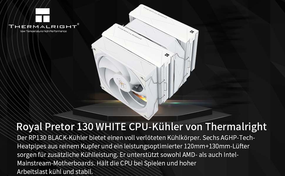 Кулер для процесора Thermalright Royal Pretor 130 Ultra White, двовежевий повітряний охолоджувач з 7 тепловими трубками для AM4/AM5, Intel LGA1851/1700/115x/2011, білий