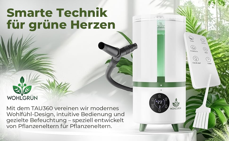 WOHLGRÜN Tau360: Ультразвуковий зволожувач повітря 5L з аромадифузором, гігростатом, нічним світлом, для спальні, дитячої кімнати, рослин