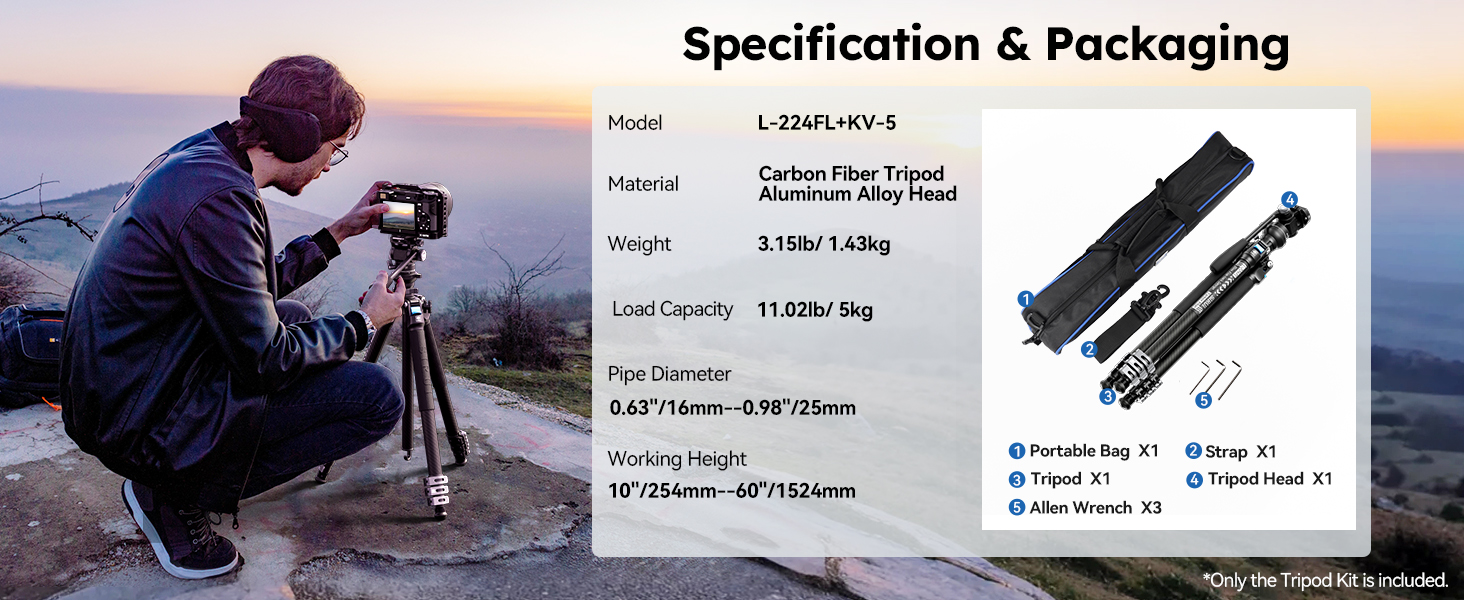 Карбоновий штатив SIRUI L-224FL+KV-5 з флюїдною головою, легкий професійний набір для подорожей та відео, висота 152см, навантаження 5кг