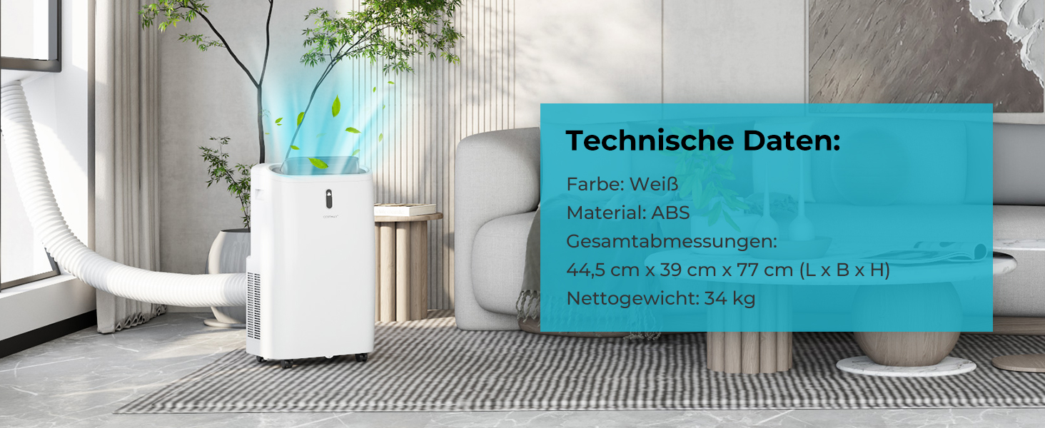 Мобільний кондиціонер COSTWAY 14000 BTU з виносним шлангом. 5-в-1: охолодження, обігрів, осушення, вентиляція, нічний режим. Для приміщень до 135 м³, пульт/додаток, таймер 24h, 4100W, ≤57dB, білий