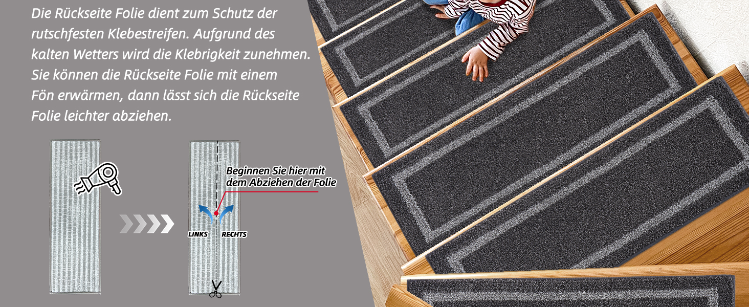 Килимок на сходи COSY HOMEER, 70x22 см, 15 шт., самоклеючий, антиковзкий, машинного прання, 100% поліестер, TPE-підкладка, чорний