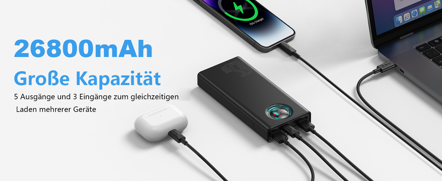 Power Bank Baseus 65W 26800mAh з 5 виходами, LED-дисплеєм, USB-C, PD, QC4.0 - для ноутбуків, iPhone, Galaxy, Steam Deck