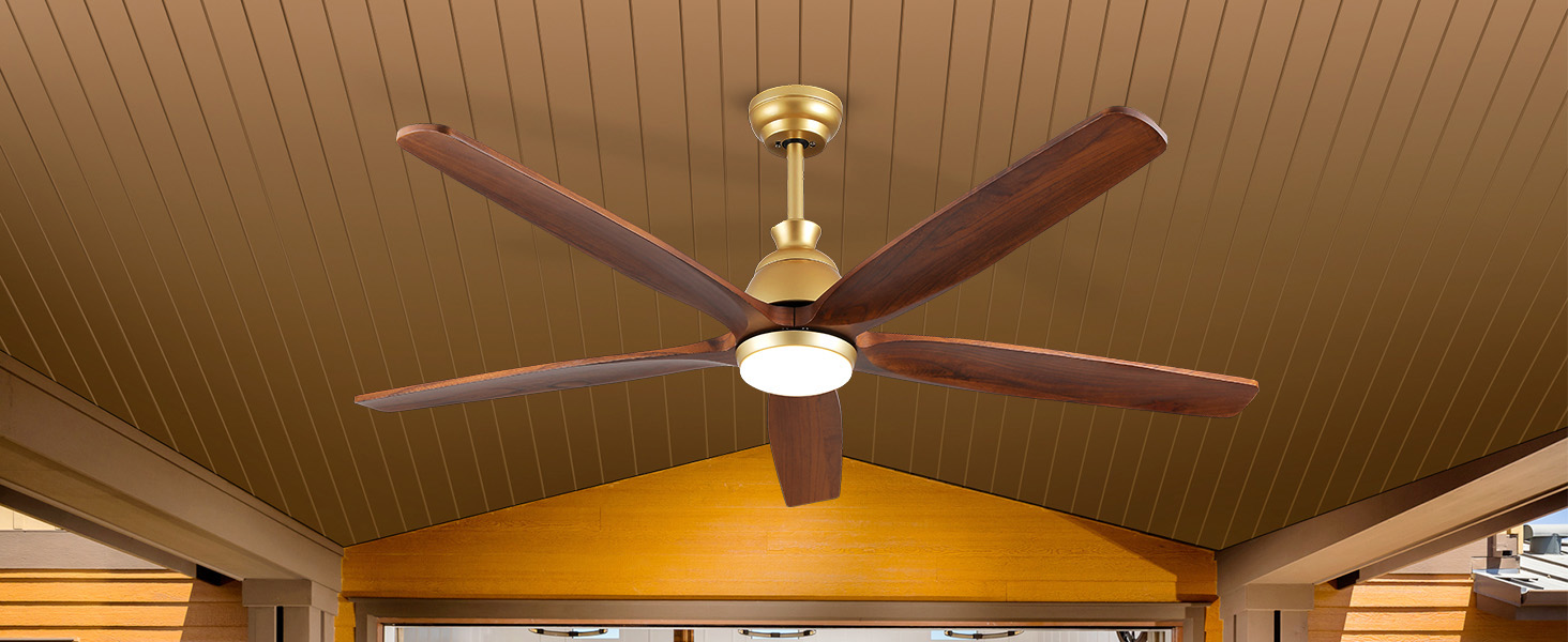 Дзеркальний вентилятор для стелі з дерева, без освітлення, з пультом керування, тихий, для вологого приміщення, 132 см (52 дюйми), коричневий, 5 лопатей