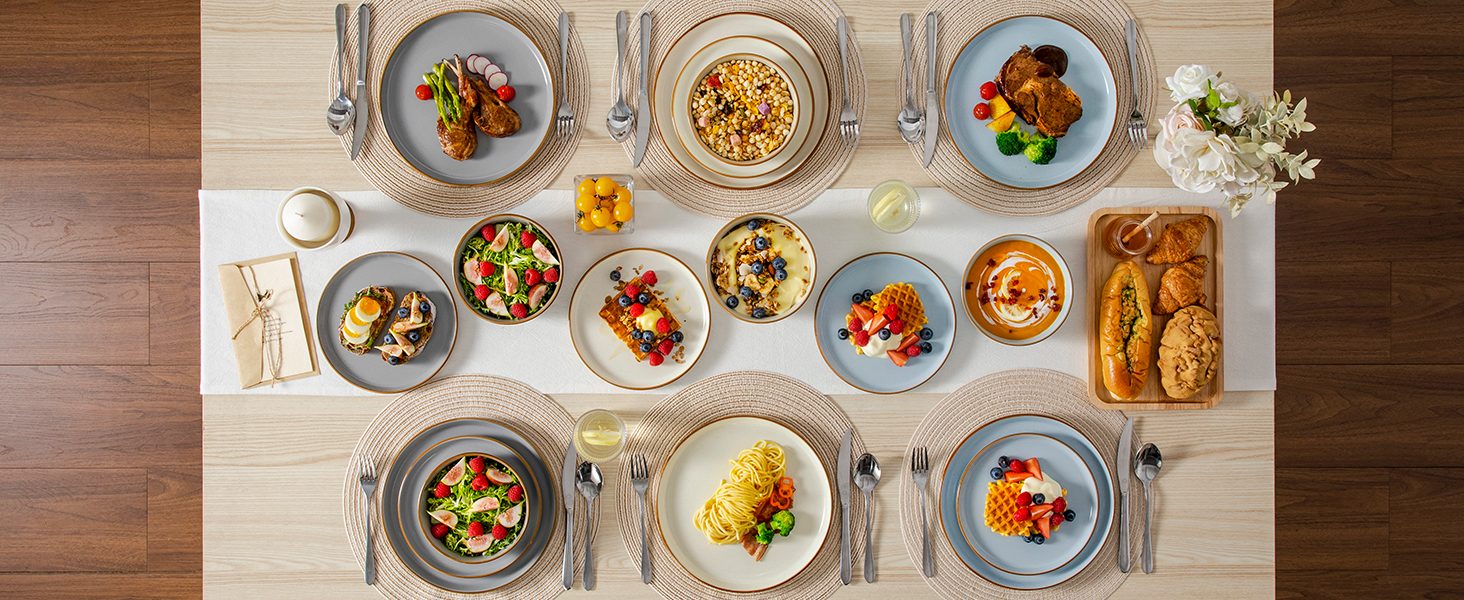 Набір посуду vancasso RENO 36 предметів: тарілки, супові тарілки, десертні тарілки, миски. Набір посуду з кераміки для 6 осіб, сучасний дизайн, безпечний для миття в посудомийній машині та розігріву в мікрохвильовій печі.