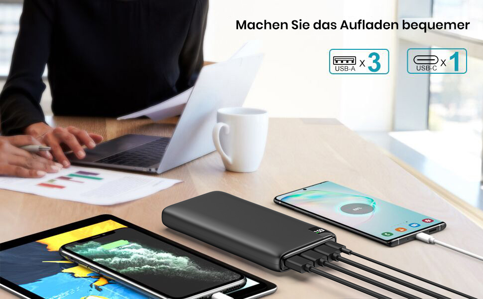 Power Bank Riapow 26800mAh з LED-дисплеєм: зарядка для смартфонів та планшетів, 4 порти USB, 22,5W, чорний
