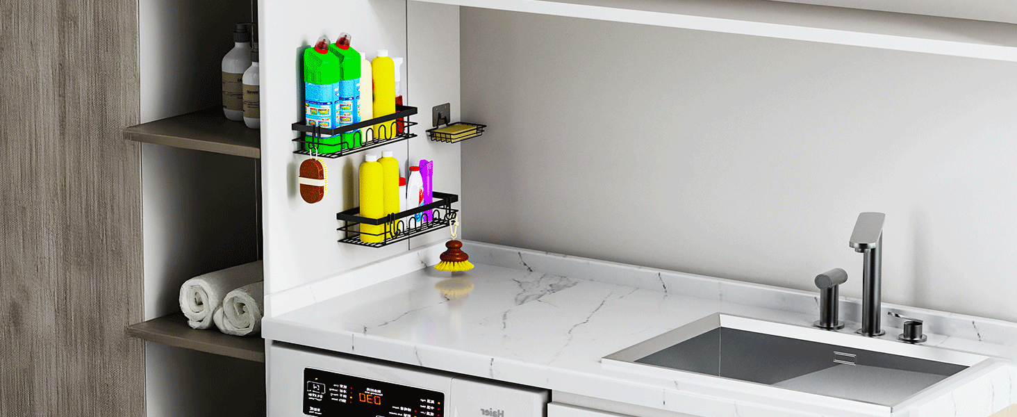 Поличка для душу без свердління, 3-секційний органайзер для душу з регульованими кошиками, нержавіюча сталь - Максимальний простір для зберігання з мильницею та 3 гачками для душу, ванної, кухні, балкону - Підставка для душу без свердління