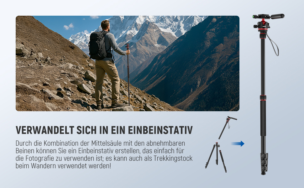 Штатив для камери NEEWER 77' з моноподом, кульковою головкою 360° та Arca QR пластиною, компактний, легкий, алюмінієвий, для подорожей, відеозйомки, навантаження до 6кг, TP08