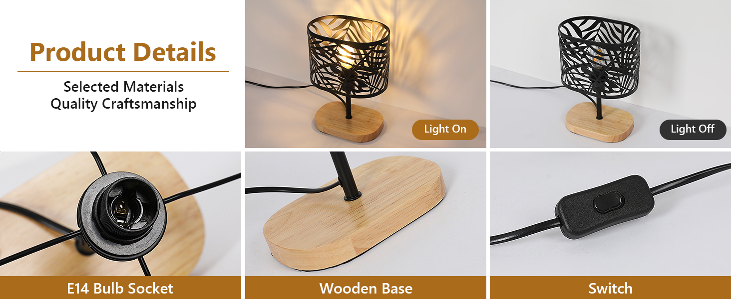 Настільна лампа дерев'яна вінтажна E14, чорна з дерев'яним цоколем та металевим абажуром, для дитячої кімнати, вітальні, спальні, бару