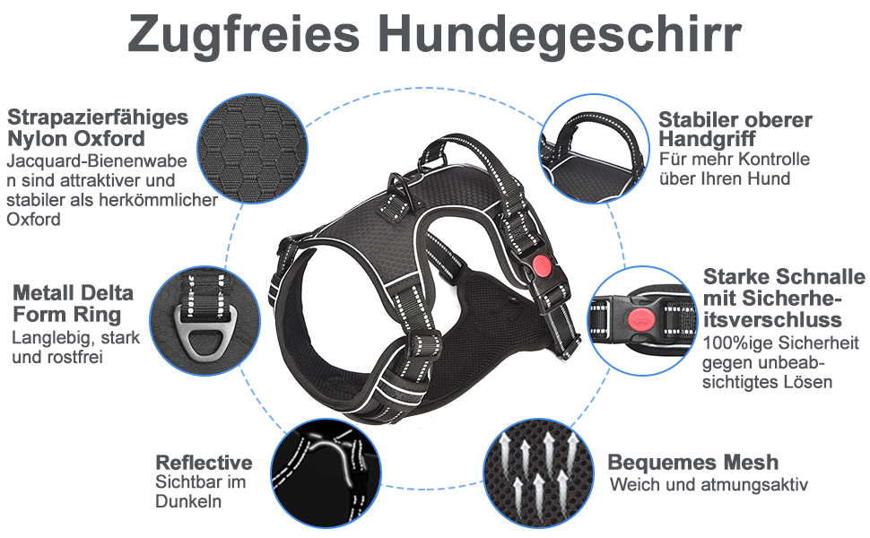 Нашийник для собак Haapaw без натягу, регульований, світловідбиваючий, Оксфорд, зручне керування, середній розмір, міцний поводок у подарунок, чорний (1 шт.)