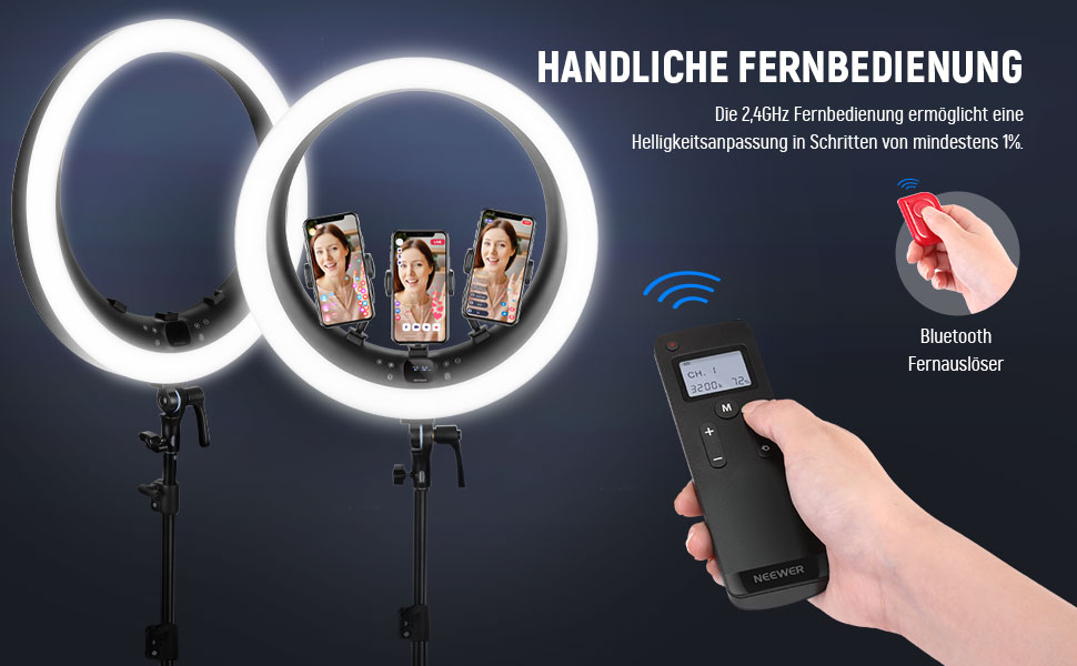 NEEWER Ringlicht RP19H 19 дюймів з триподом та 3 тримачами для телефону, дистанційне керування 2.4G, плавне регулювання яскравості, LCD та сенсорне керування, 42W CRI 97+ 2540 Lux, для стрімінгу, дому, офісу, Zoom, освітлення, кільцева лампа з пусковим пристроєм (кріплення для телефону, серветка для очищення)