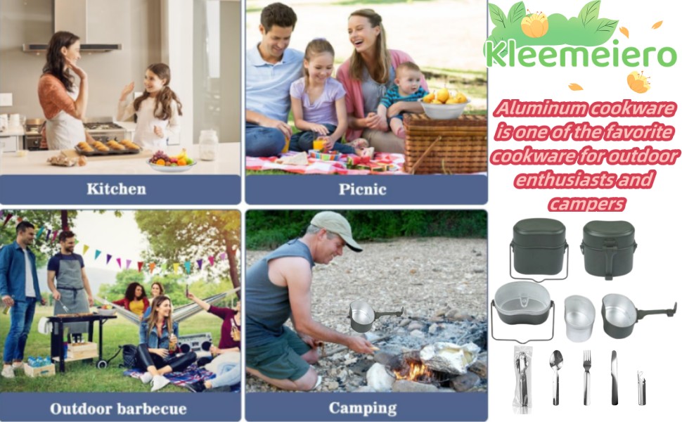 Набір посуду Bundeswehr: термостійкий, для кемпінгу, приготування їжі на відкритому повітрі, з алюмінію, для виживання, армійського користування. Включає столові прибори з відкидним ручками.