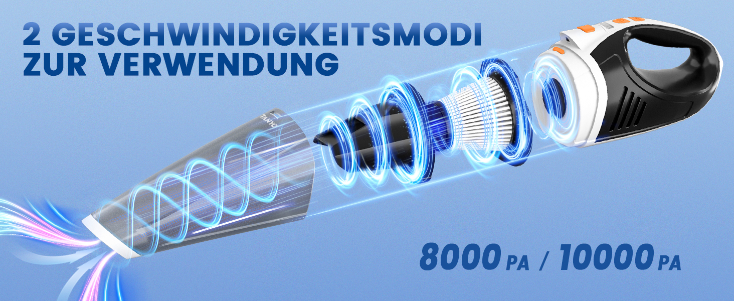 TANYO Ручний пилосос акумуляторний бездротовий 10000Pa з LED, для авто, дому, шерсті тварин, з миючим HEPA-фільтром, біло-помаранчевий