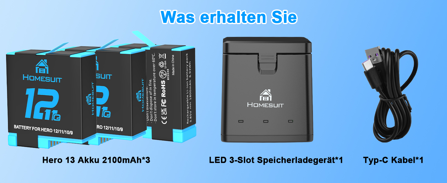 Набір акумуляторів Homesuit Hero 12/11/10/9 + LED зарядний пристрій USB-C (2 шт. акумулятори) для GoPro Hero 12/11/10/9 Black