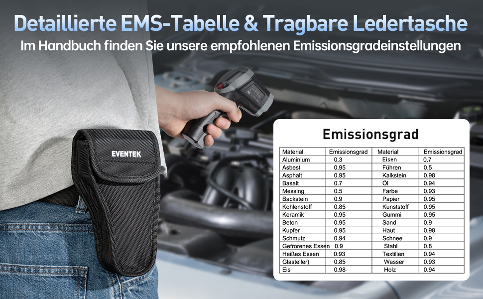 Інфрачервоний термометр Eventek -50°C до 600°C з лазером, регульована випромінювальна здатність, цифровий, LCD дисплей. Для гриля, піци, кухні, промисловості (чорний з аксесуарами 3 в 1)