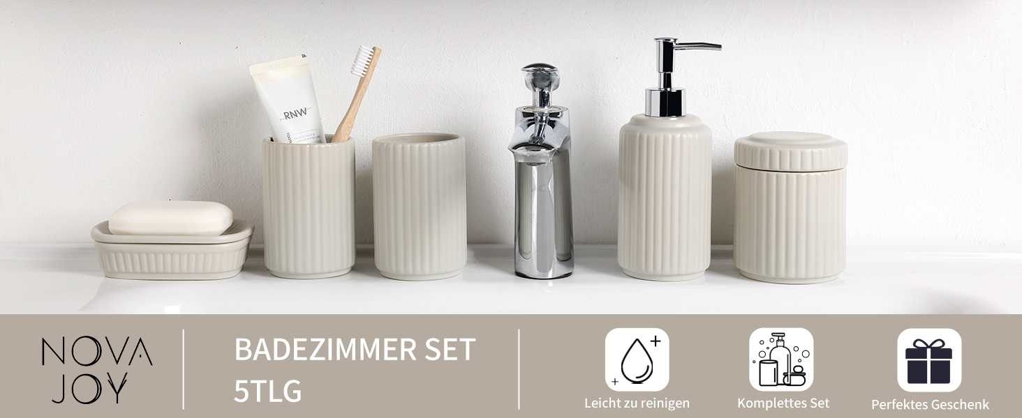 Набір для ванної кімнати NOVAJOY, кераміка, 5 предметів: мильниця, дозатор мила, тримач для зубних щіток, контейнер для ватних паличок, декор для ванної кімнати преміум-якість (абрикосовий сірий)
