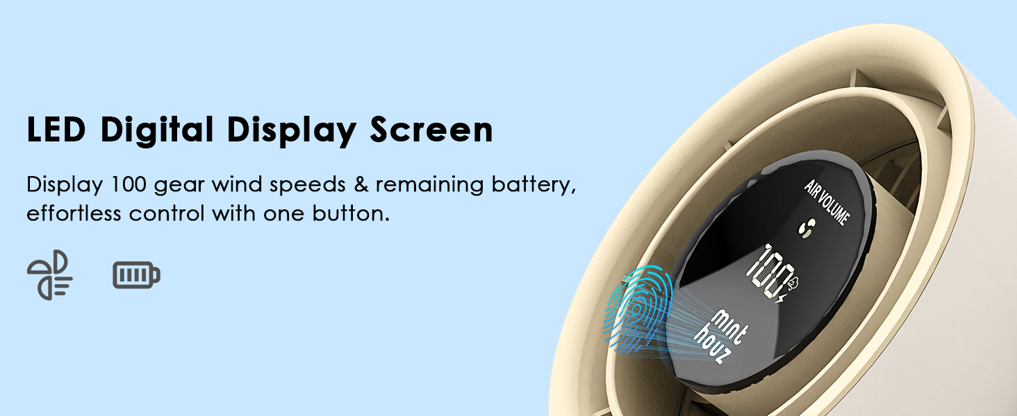 Настільний вентилятор Minthouz з LED-дисплеєм, акумулятор 3600mAh, тихий, регульований, портативний для дому, офісу, подорожей